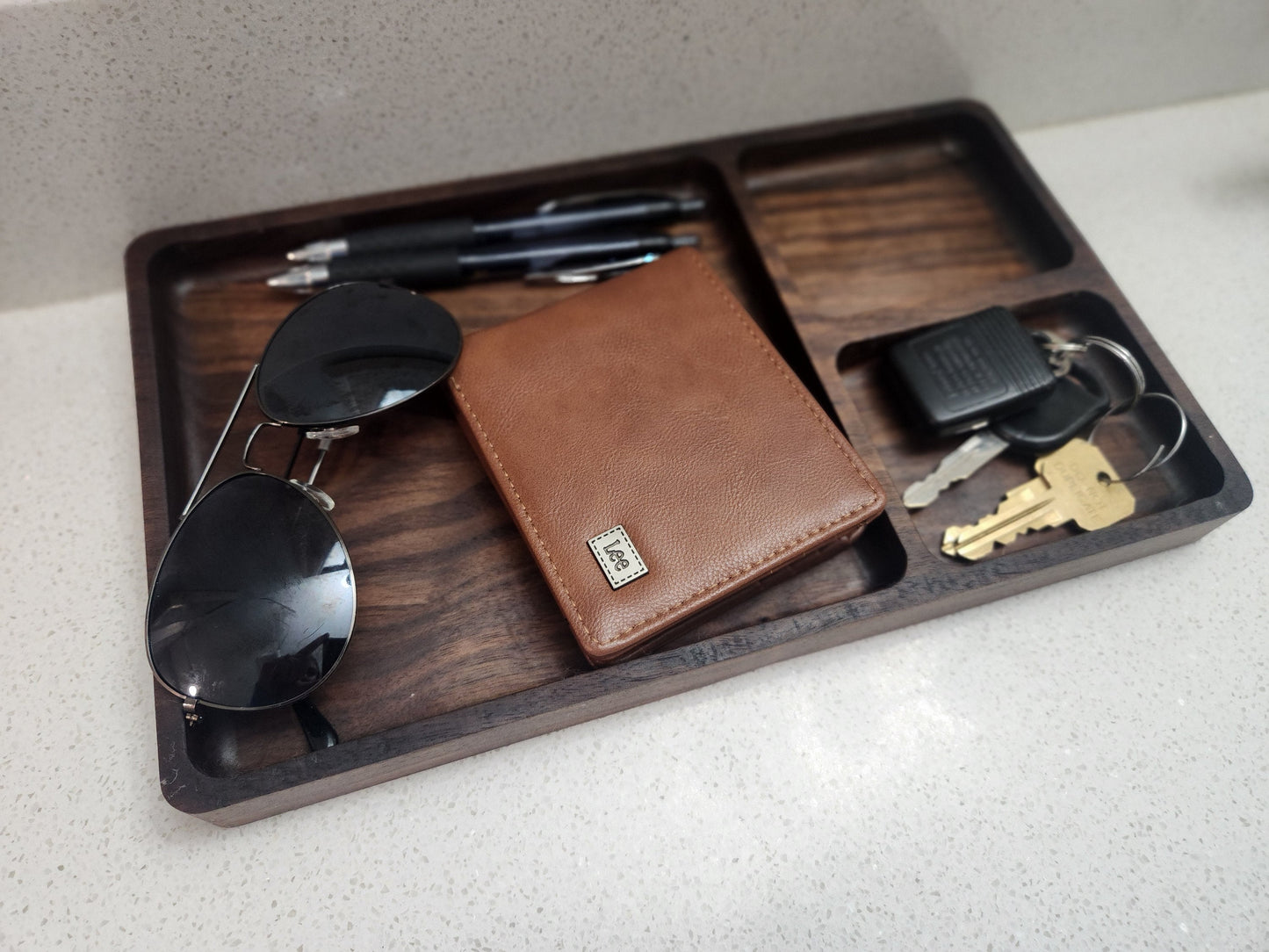 Hardwood Catch All Tray | Three Compartment Large Valet Tray | Decorative Wood Tray