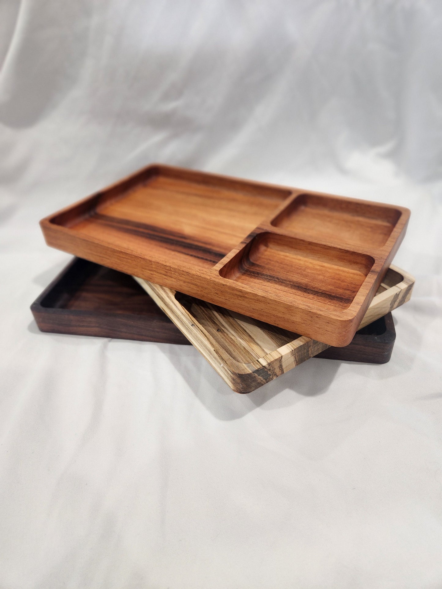 Hardwood Catch All Tray | Three Compartment Large Valet Tray | Decorative Wood Tray