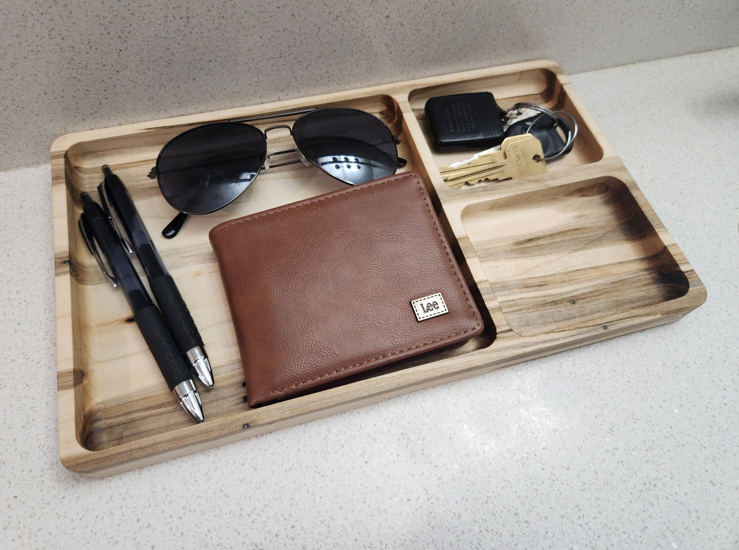 Hardwood Catch All Tray | Three Compartment Large Valet Tray | Decorative Wood Tray