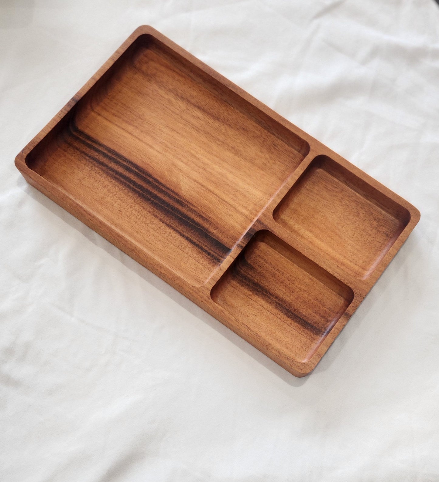 Hardwood Catch All Tray | Three Compartment Large Valet Tray | Decorative Wood Tray