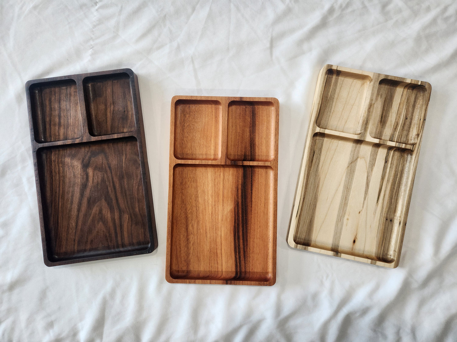Hardwood Catch All Tray | Three Compartment Large Valet Tray | Decorative Wood Tray