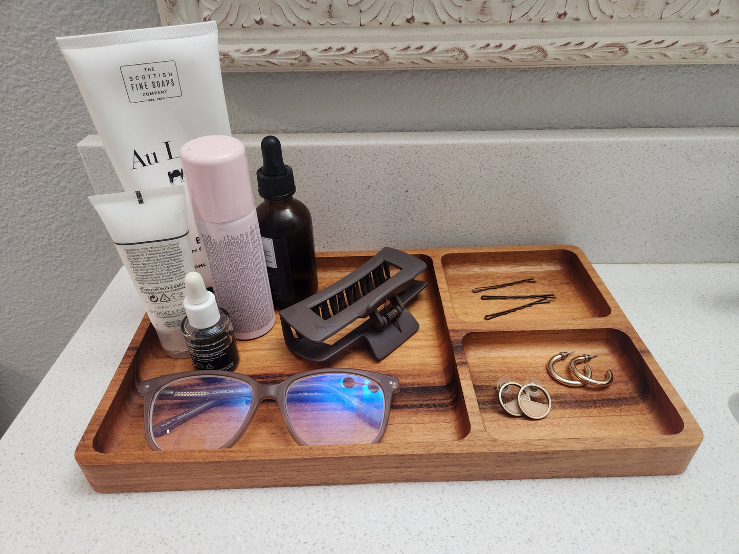 Hardwood Catch All Tray | Three Compartment Large Valet Tray | Decorative Wood Tray